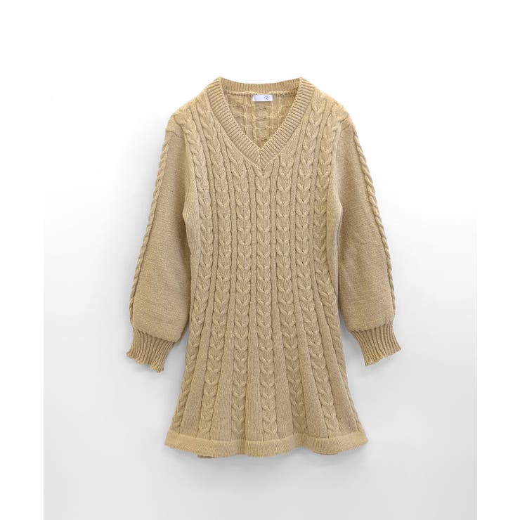 ケーブル編みニットミニワンピース セーター Vネック[品番