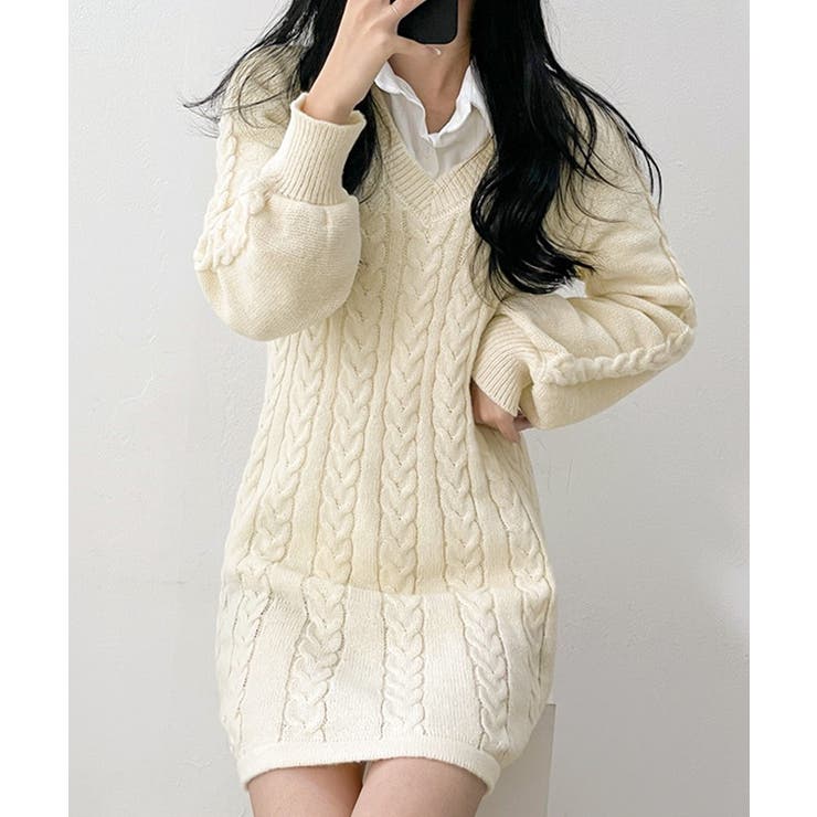 ケーブル編みニットミニワンピース セーター Vネック[品番