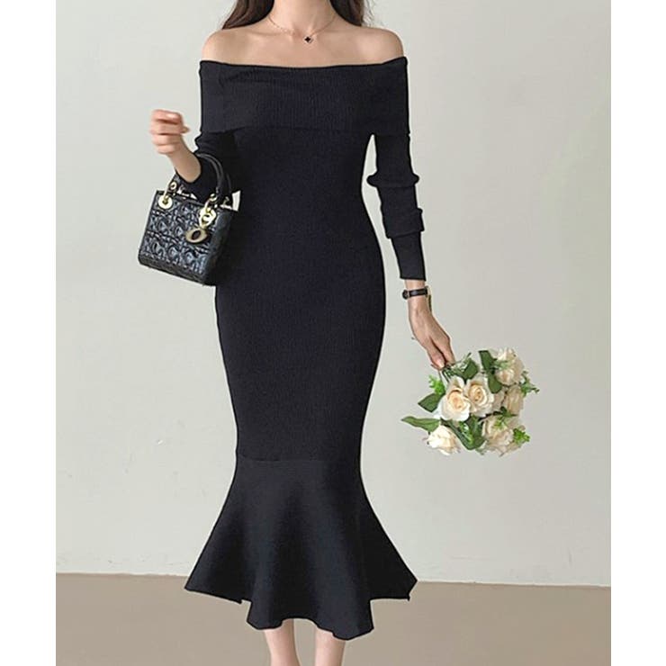 オフショルニットワンピース マーメイド ロングワンピース[品番