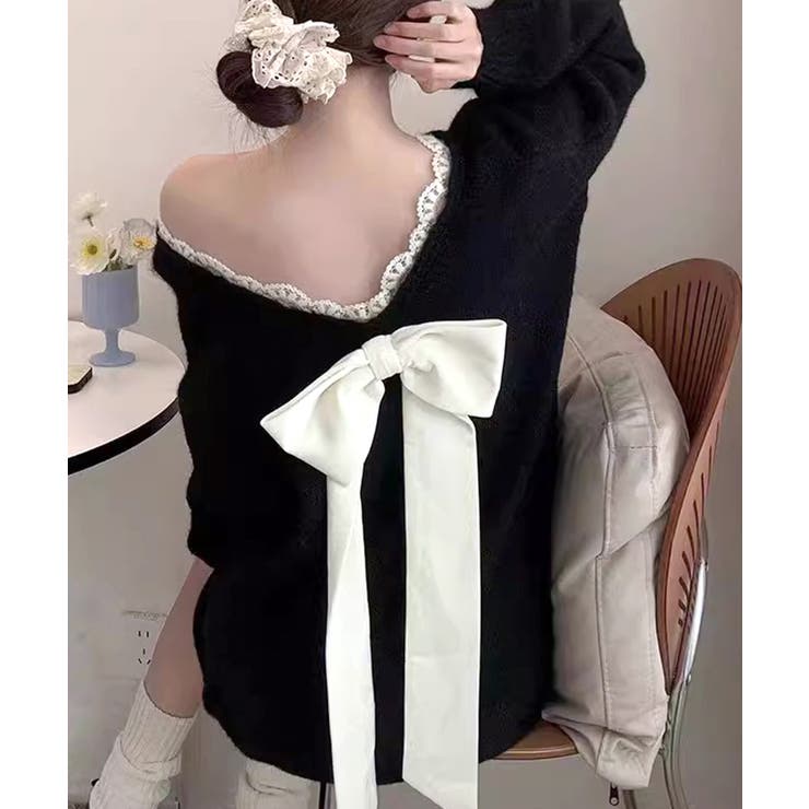 バックリボンVネックチュニックニット セーター オーバーサイズ[品番