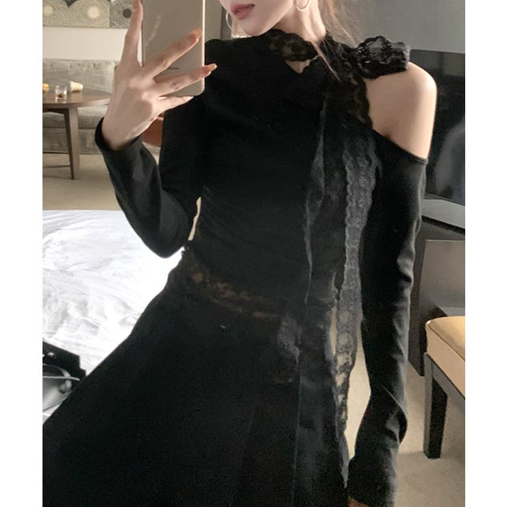 ワンショルリボンレース切り替えトップス カットソー Tシャツ | Riff | 詳細画像13 