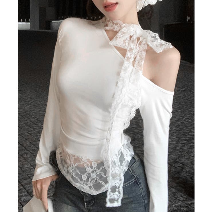ワンショルリボンレース切り替えトップス カットソー Tシャツ | Riff | 詳細画像2 