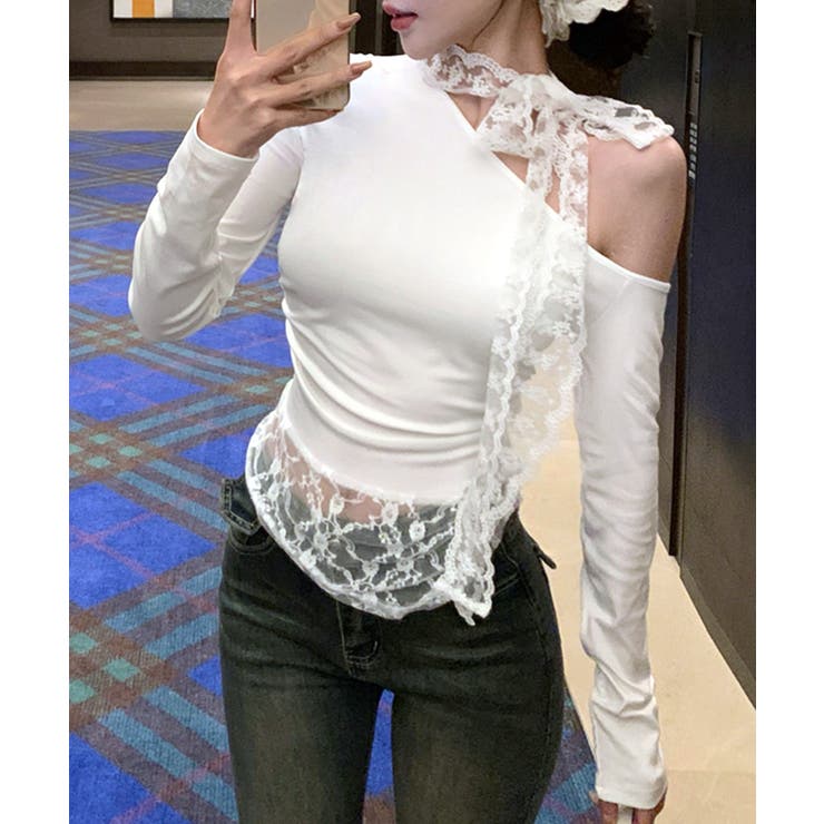 ワンショルリボンレース切り替えトップス カットソー Tシャツ | Riff | 詳細画像3 