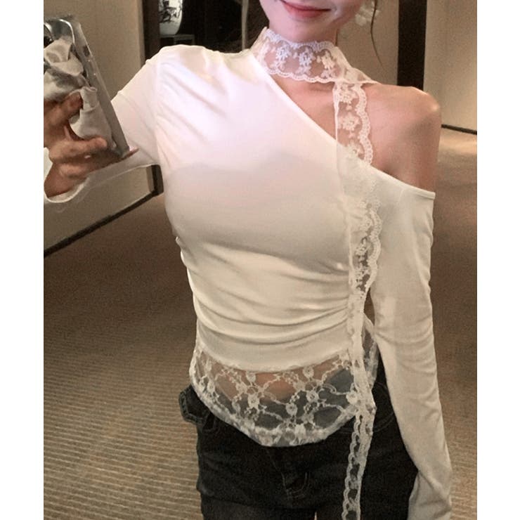 ワンショルリボンレース切り替えトップス カットソー Tシャツ | Riff | 詳細画像4 