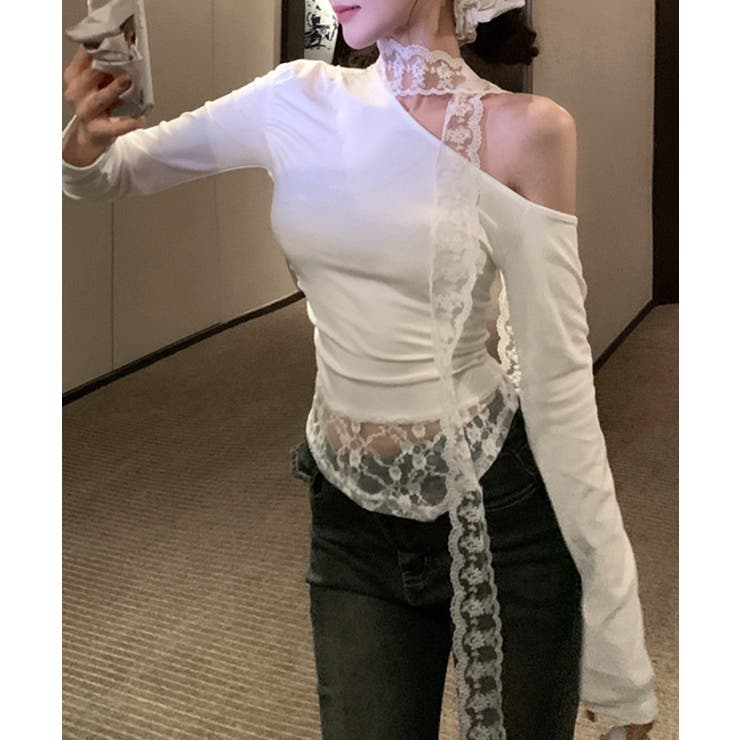 ワンショルリボンレース切り替えトップス カットソー Tシャツ | Riff | 詳細画像6 