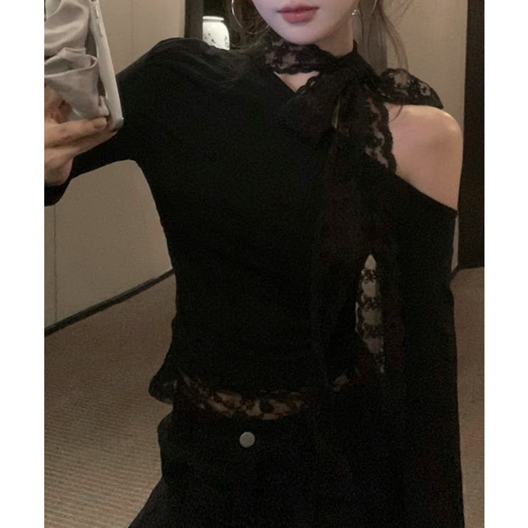 ワンショルリボンレース切り替えトップス カットソー Tシャツ | Riff | 詳細画像8 