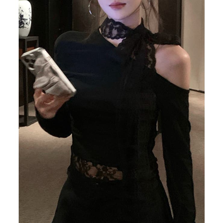 ワンショルリボンレース切り替えトップス カットソー Tシャツ | Riff | 詳細画像9 