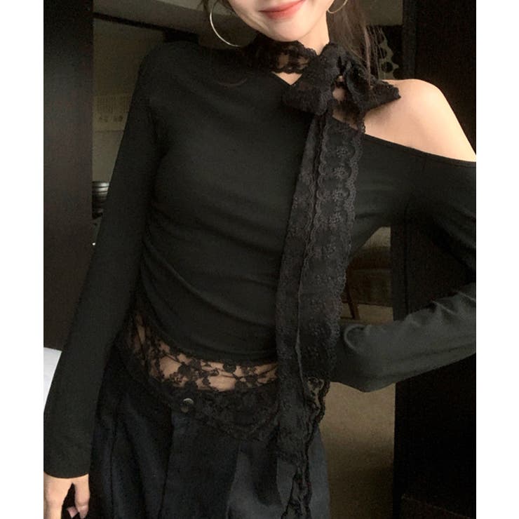 ブラック | ワンショルリボンレース切り替えトップス カットソー Tシャツ | Riff