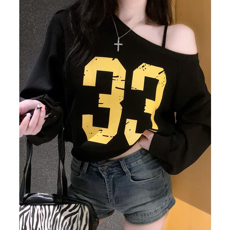 ブラック | プリントワンショルトップス ロゴ オフショル | Riff