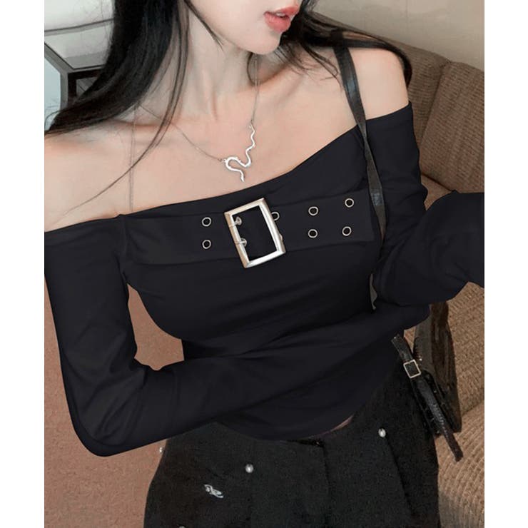 ベルトデザインオフショルトップス オフショルダー Tシャツ[品番