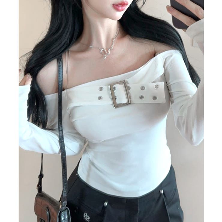 ベルトデザインオフショルトップス オフショルダー Tシャツ | Riff | 詳細画像4 