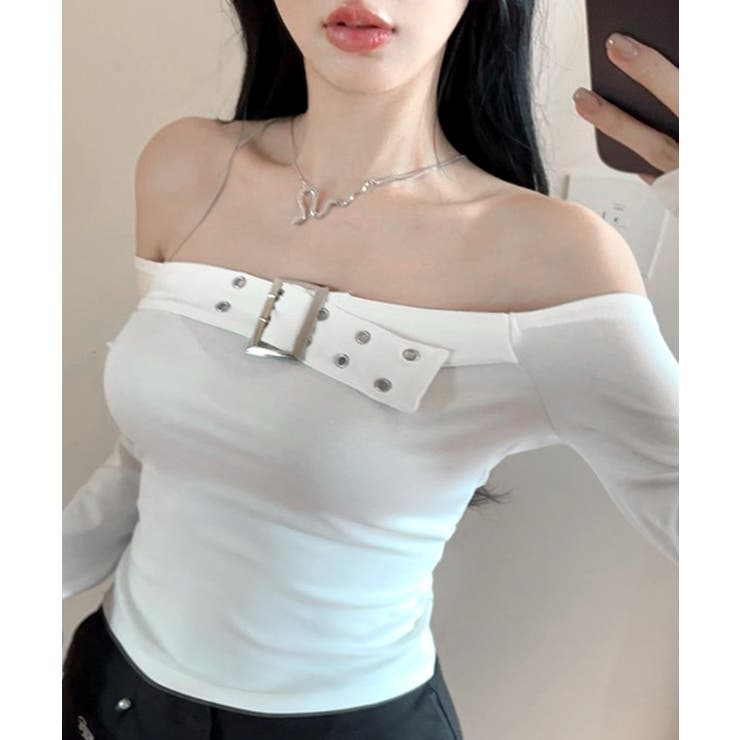 ベルトデザインオフショルトップス オフショルダー Tシャツ | Riff | 詳細画像5 