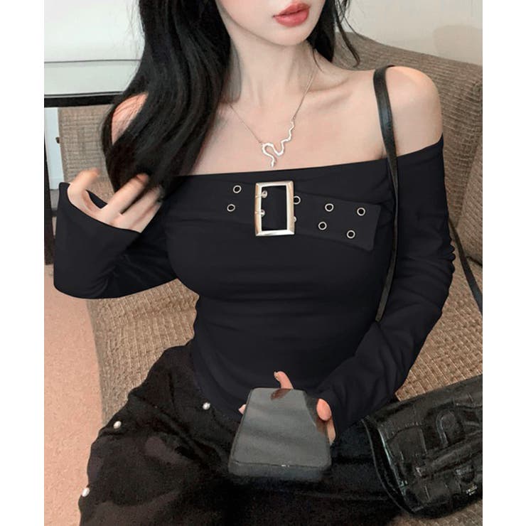 ベルトデザインオフショルトップス オフショルダー Tシャツ | Riff | 詳細画像8 