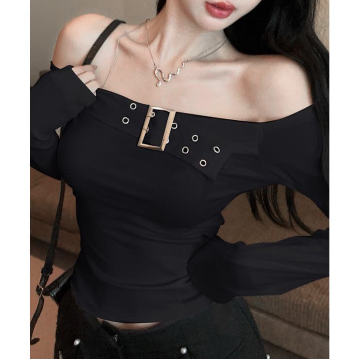 ベルトデザインオフショルトップス オフショルダー Tシャツ[品番