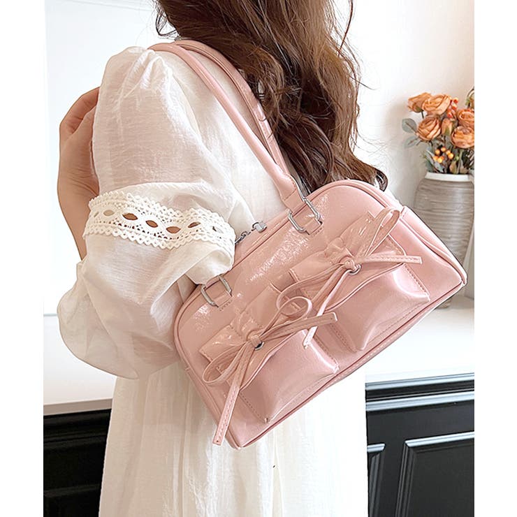 リボンダブルポケットボストンショルダーバッグ ハンドバッグ 鞄[品番