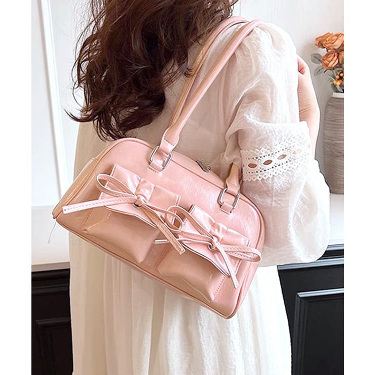 リボンダブルポケットボストンショルダーバッグ ハンドバッグ 鞄[品番