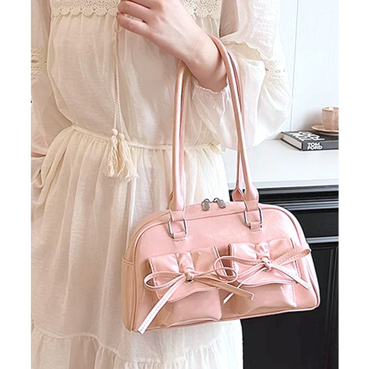 リボンダブルポケットボストンショルダーバッグ ハンドバッグ 鞄[品番