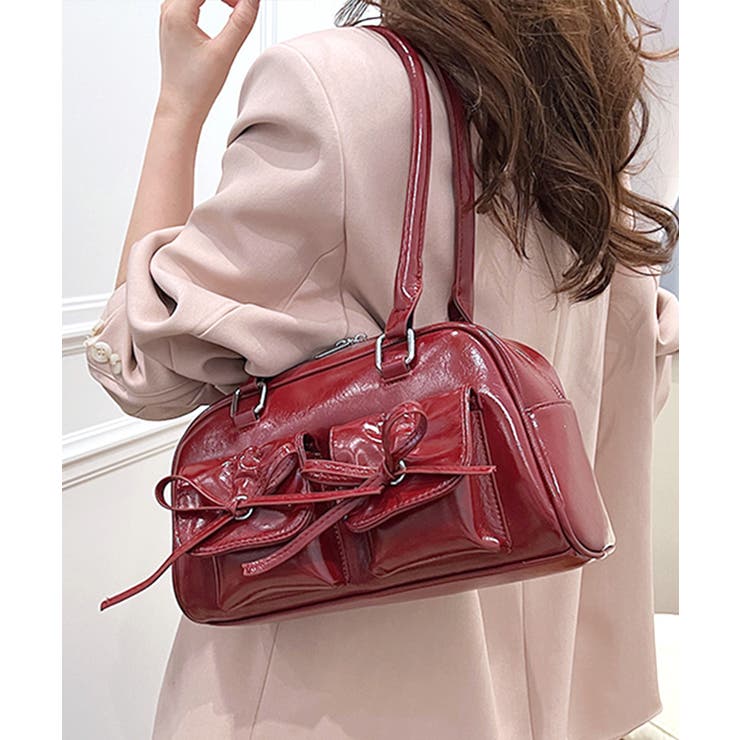 リボンダブルポケットボストンショルダーバッグ ハンドバッグ 鞄[品番