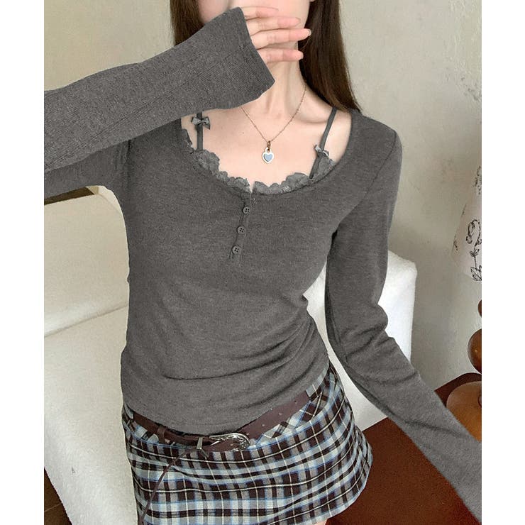 胸元レーストップス 肩紐リボン ヘンリーネック[品番：NETW0002216