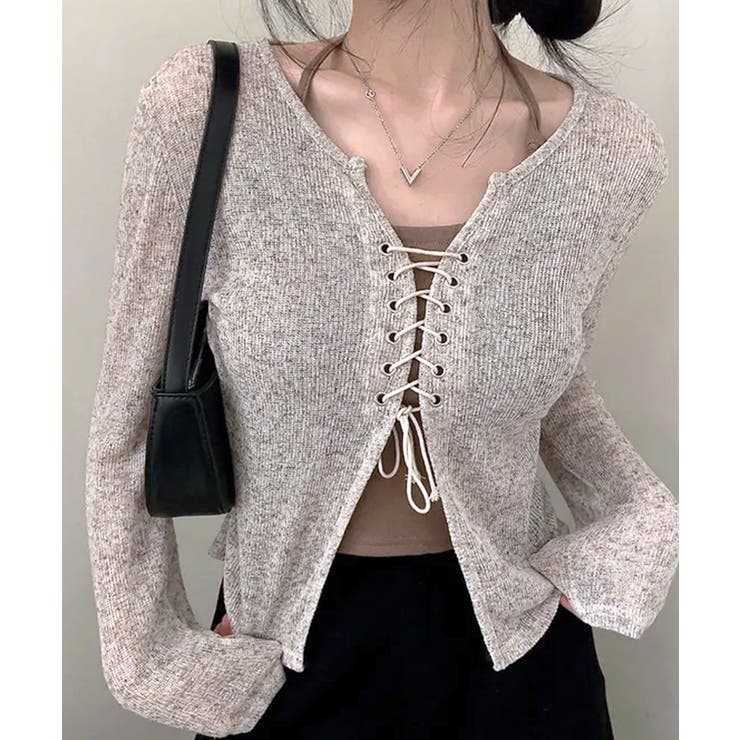 ブラウン | [2点セット] レースアップトップス+ホルターネックキャミソール アンサンブル | Riff