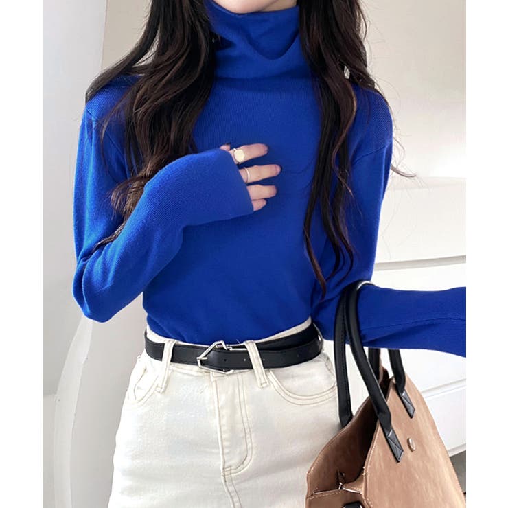 ブルー | ハイネックリブニット リブ編み タートルネック | Riff