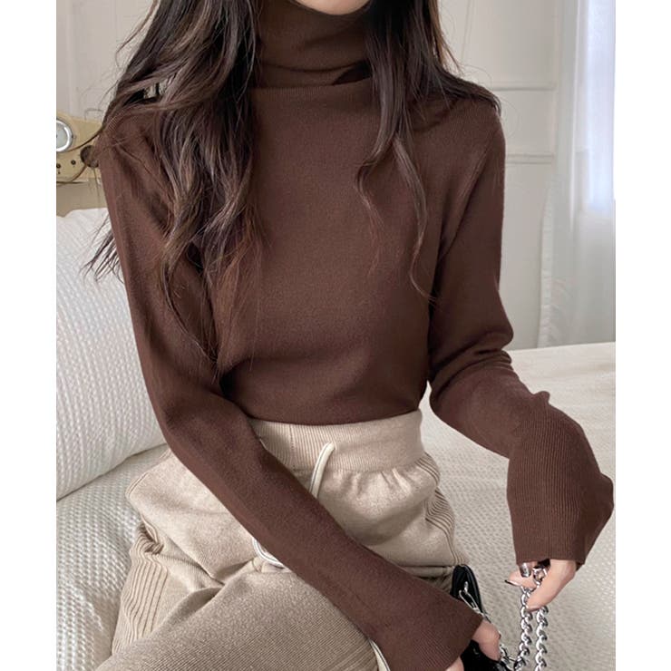 ブラウン | ハイネックリブニット リブ編み タートルネック | Riff