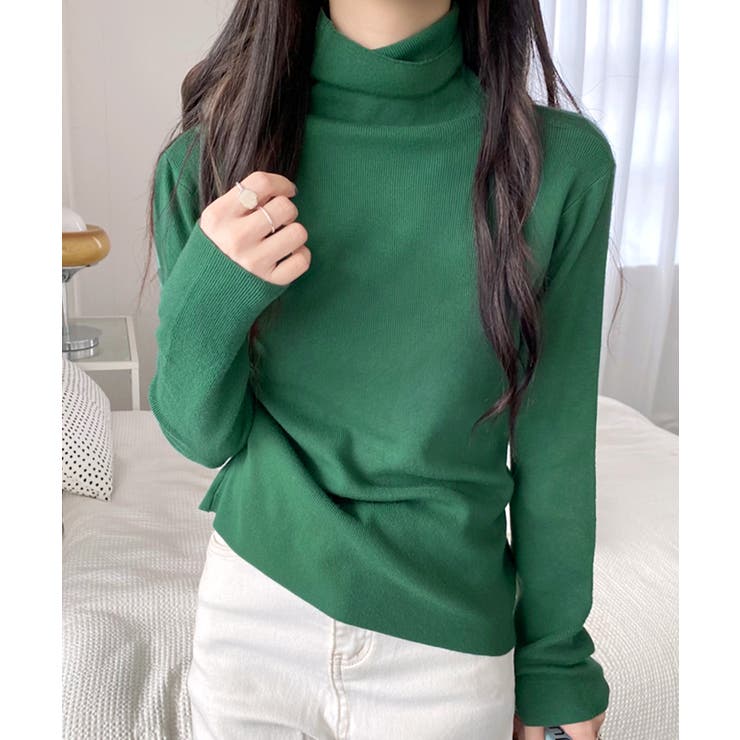 グリーン | ハイネックリブニット リブ編み タートルネック | Riff