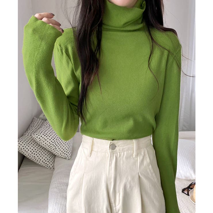 ライトグリーン | ハイネックリブニット リブ編み タートルネック | Riff