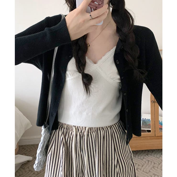 ブラック | ラウンドネックリブカーディガン リブ編み ノーカラー | Riff