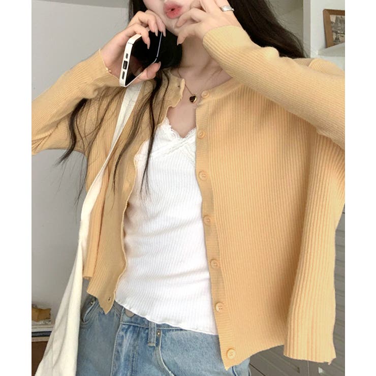 クリーム | ラウンドネックリブカーディガン リブ編み ノーカラー | Riff