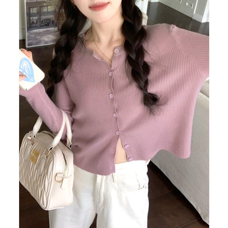 ラベンダー | ラウンドネックリブカーディガン リブ編み ノーカラー | Riff