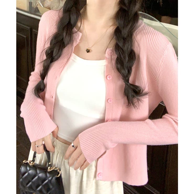 ピンク | ラウンドネックリブカーディガン リブ編み ノーカラー | Riff