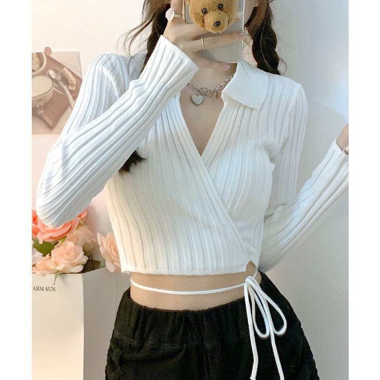 カシュクールニット ショート丈 スキッパー襟 | Riff | 詳細画像4 