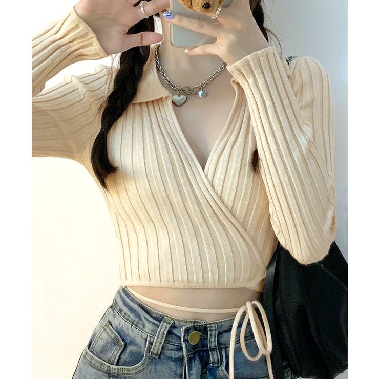 ベージュ | カシュクールニット ショート丈 スキッパー襟 | Riff