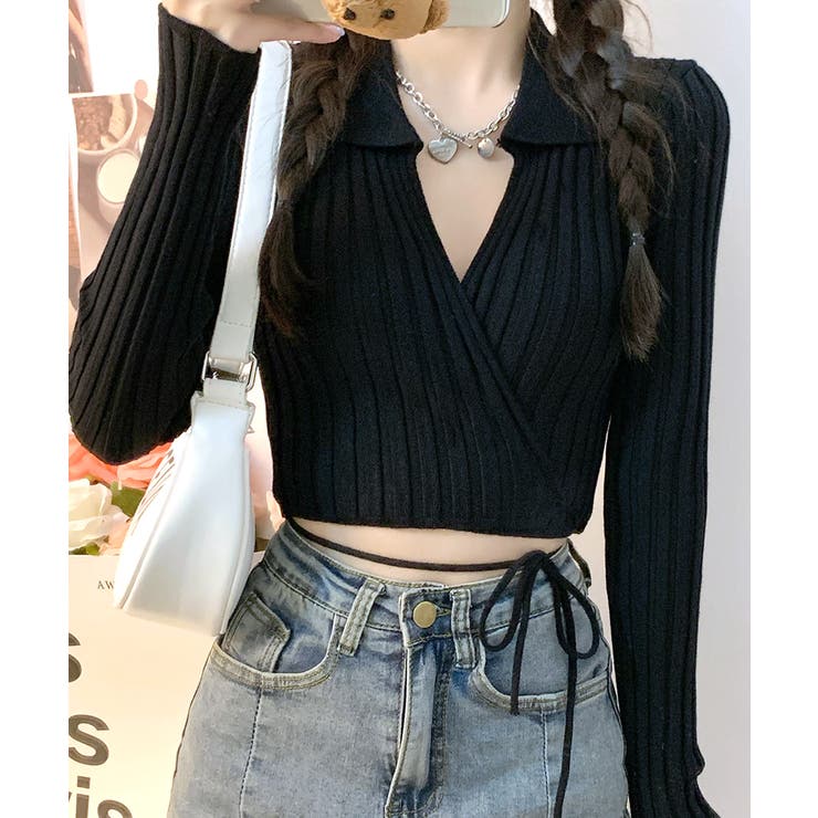 ブラック | カシュクールニット ショート丈 スキッパー襟 | Riff