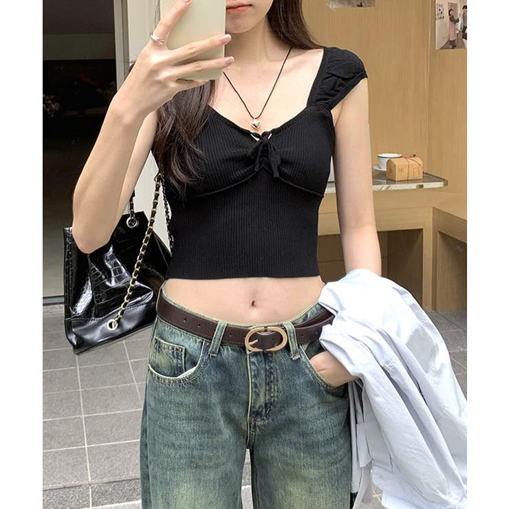 ビスチェ風リブニットトップス タンクトップ リボン | Riff | 詳細画像15 