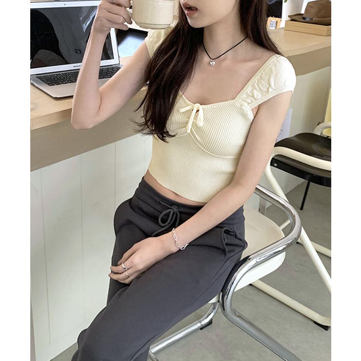 ビスチェ風リブニットトップス タンクトップ リボン | Riff | 詳細画像3 