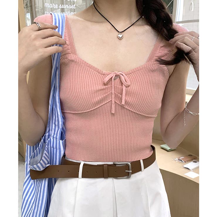 ピンク | ビスチェ風リブニットトップス タンクトップ リボン | Riff