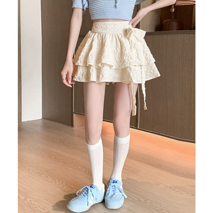 リボンティアードミニスカート インパン付き ショート丈スカート[品番