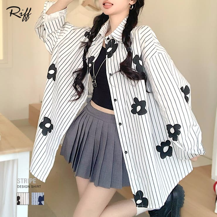花柄ストライプシャツ オーバーサイズ ロングシャツ[品番