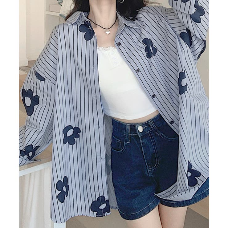 希少/デニム生地/45R /ストライプ プルオーバー シャツ 2 美品　長袖 花柄ストライプシャツ オーバーサイズ ロングシャツ[品番：NETW0002263