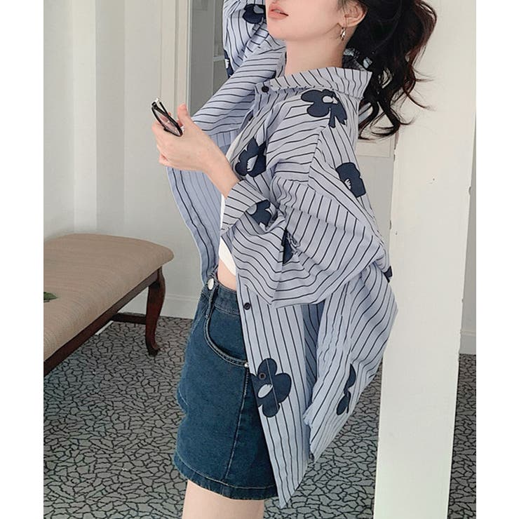 花柄ストライプシャツ オーバーサイズ ロングシャツ[品番：NETW0002263