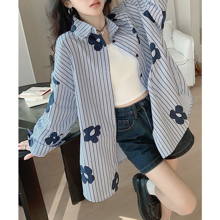 花柄ストライプシャツ オーバーサイズ ロングシャツ[品番