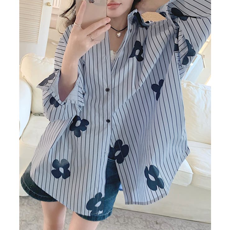 花柄ストライプシャツ オーバーサイズ ロングシャツ[品番 花柄ストライプシャツ オーバーサイズ ロングシャツ[品番