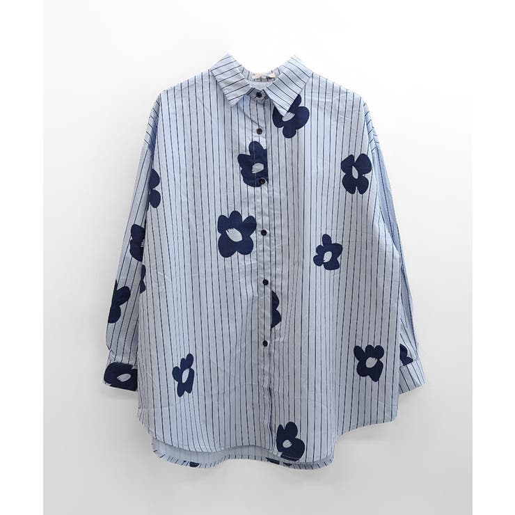 花柄ストライプシャツ オーバーサイズ ロングシャツ[品番