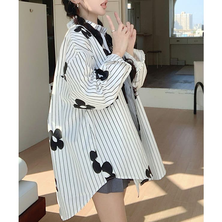 花柄ストライプシャツ オーバーサイズ ロングシャツ[品番