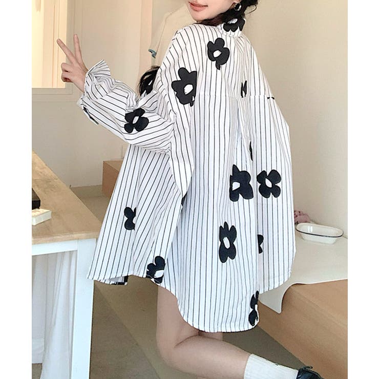 花柄ストライプシャツ オーバーサイズ ロングシャツ[品番
