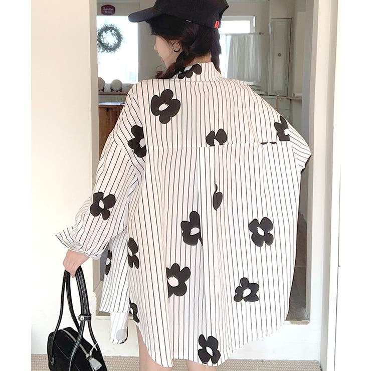 花柄ストライプシャツ オーバーサイズ ロングシャツ[品番：NETW0002263