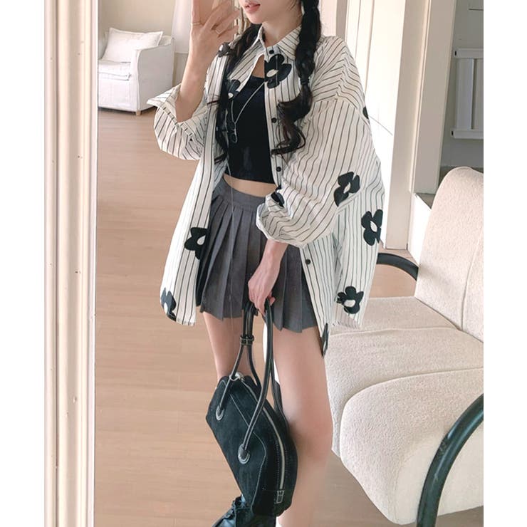 【Alice+Olivia】ストライプ オーバーサイズシャツ&ミニスカート 花柄ストライプシャツ オーバーサイズ ロングシャツ[品番