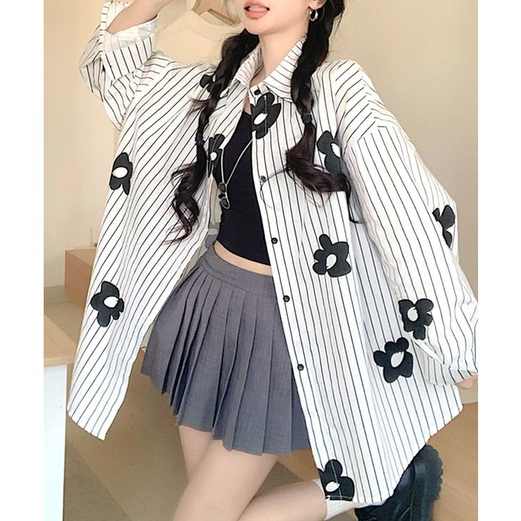 花柄ストライプシャツ オーバーサイズ ロングシャツ[品番